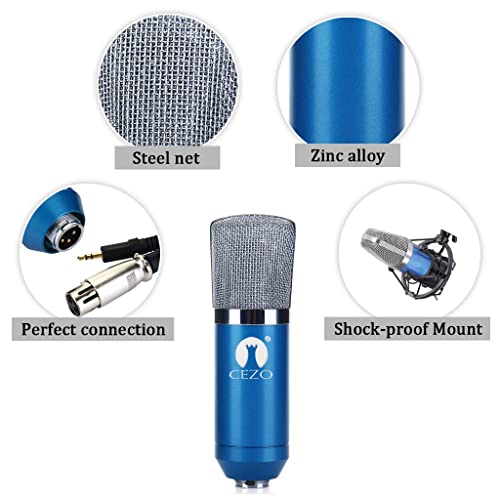 Cezo BM 800 Condenser Microphone All Set with V8 Sound Card, Boom Arm Stand, Pop Shield Recording Studio Equipment Full Set with 3.5mm Mic for Smartphones Live Streaming Youtubers (Blue)