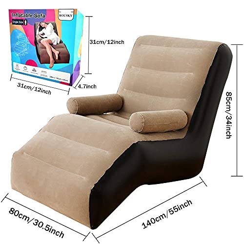 ROUSKY Inflatable Chaise Lounges Folding Lazy Floor Chair Sofa Lounger Bed with Armrests (Khaki)