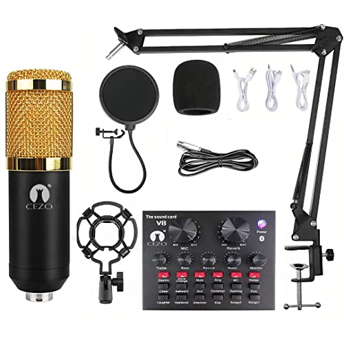 Cezo BM 800 Condenser Microphone All Set with V8 Sound Card, Boom Arm Stand, Pop Shield Recording Studio Equipment Full Set with 3.5mm Mic for Smartphones Live Streaming Youtubers (Blue)