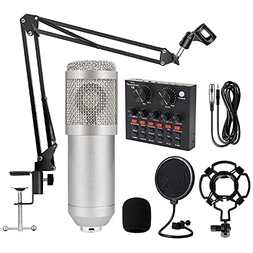 Cezo BM 800 Condenser Microphone All Set with V8 Sound Card, Boom Arm Stand, Pop Shield Recording Studio Equipment Full Set with 3.5mm Mic for Smartphones Live Streaming Youtubers (Blue)