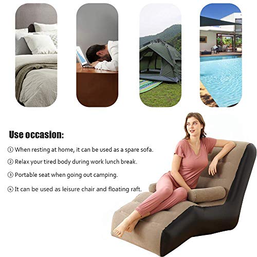 ROUSKY Inflatable Chaise Lounges Folding Lazy Floor Chair Sofa Lounger Bed with Armrests (Khaki)