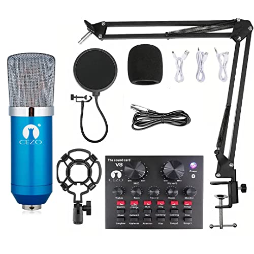 Cezo BM 800 Condenser Microphone All Set with V8 Sound Card, Boom Arm Stand, Pop Shield Recording Studio Equipment Full Set with 3.5mm Mic for Smartphones Live Streaming Youtubers (Blue)