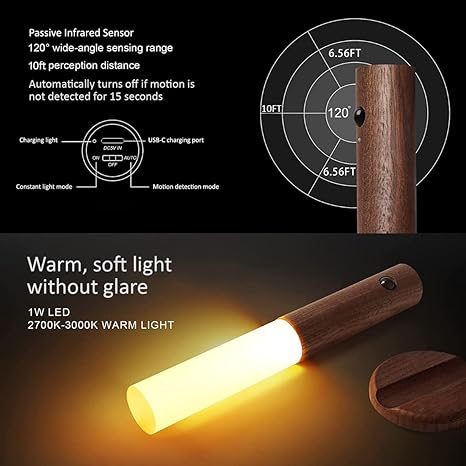 Auraglow Smart LED Sensor Wall Light – Portable – Rechargeable Night Light – Indoor Use – Magnetic Base (1 Pack, Walnut Wood)