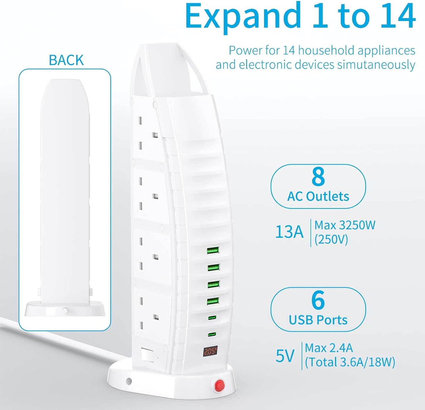 Extension Lead with USB, Tower Extension Cord 8 Way Outlets 6 USB