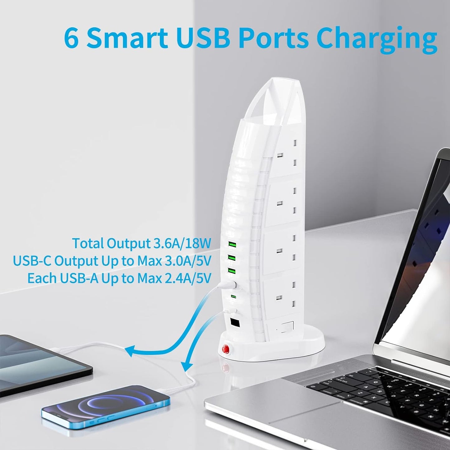 Extension Lead with USB, Tower Extension Cord 8 Way Outlets 6 USB