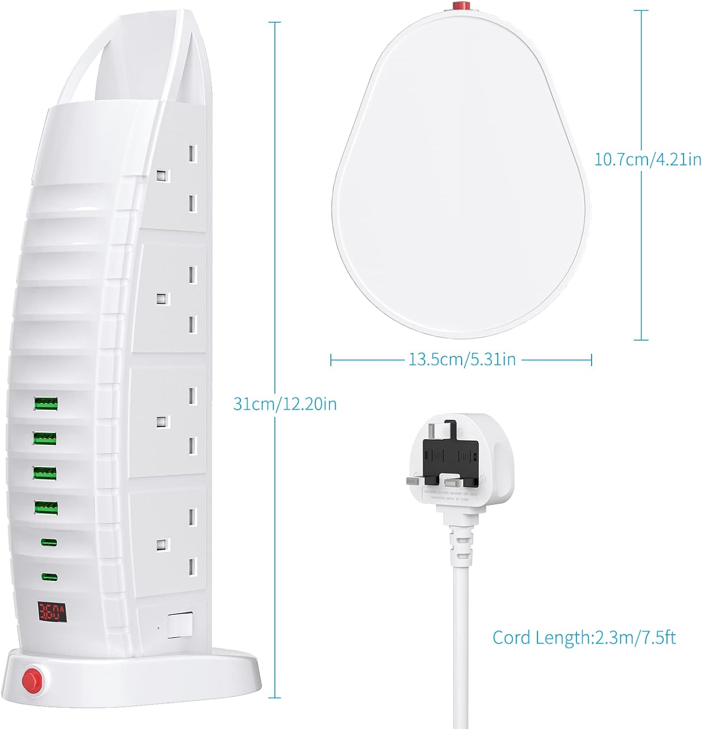 Extension Lead with USB, Tower Extension Cord 8 Way Outlets 6 USB