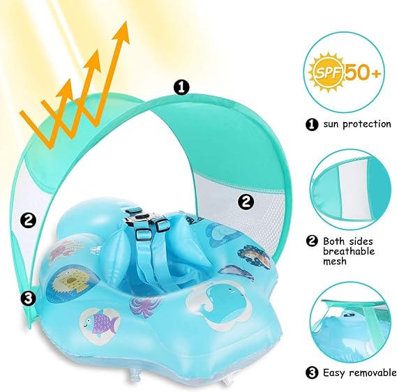 Baby Swimming Ring Floats , Inflatable Baby Swim Float with Removable Sun Protection Canopy Toddler Pool Float Ring for Age of 6-18 Months - Blue