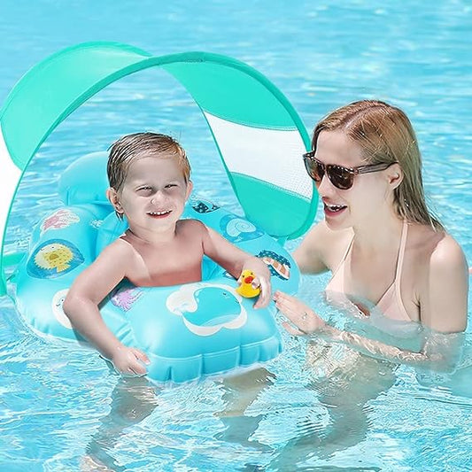 Baby Swimming Ring Floats , Inflatable Baby Swim Float with Removable Sun Protection Canopy Toddler Pool Float Ring for Age of 6-18 Months - Blue