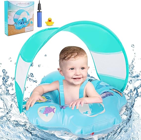 Baby Swimming Ring Floats , Inflatable Baby Swim Float with Removable Sun Protection Canopy Toddler Pool Float Ring for Age of 6-18 Months - Blue