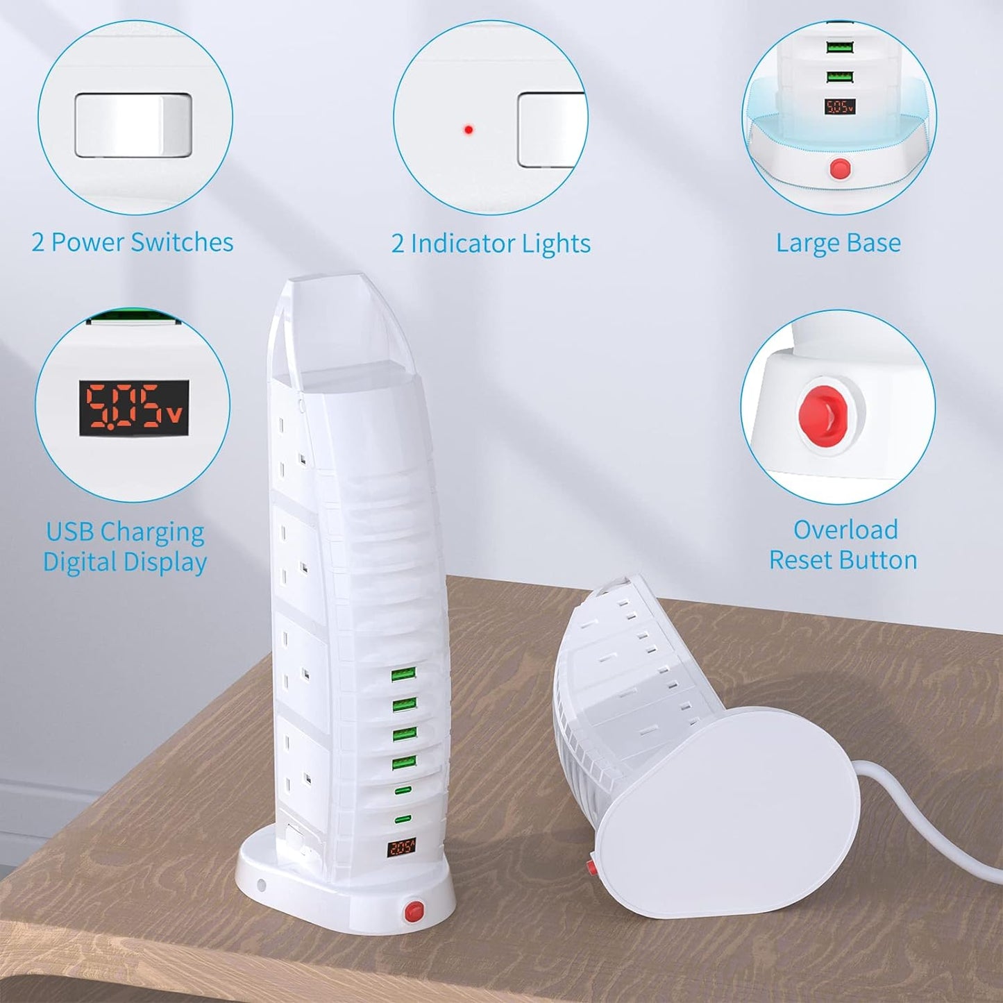 Extension Lead with USB, Tower Extension Cord 8 Way Outlets 6 USB