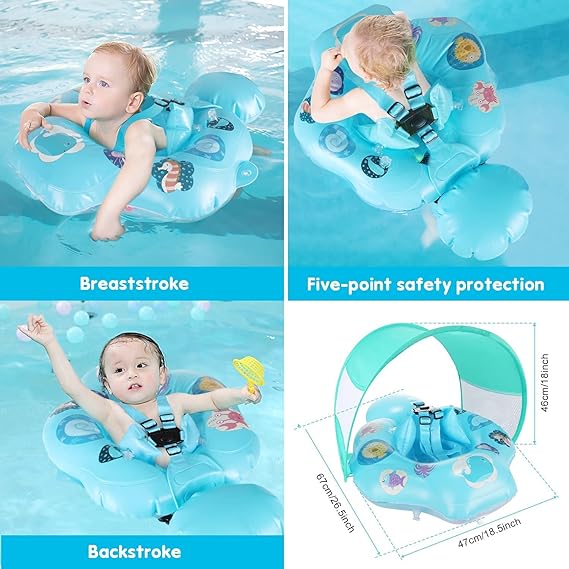 Baby Swimming Ring Floats , Inflatable Baby Swim Float with Removable Sun Protection Canopy Toddler Pool Float Ring for Age of 6-18 Months - Blue